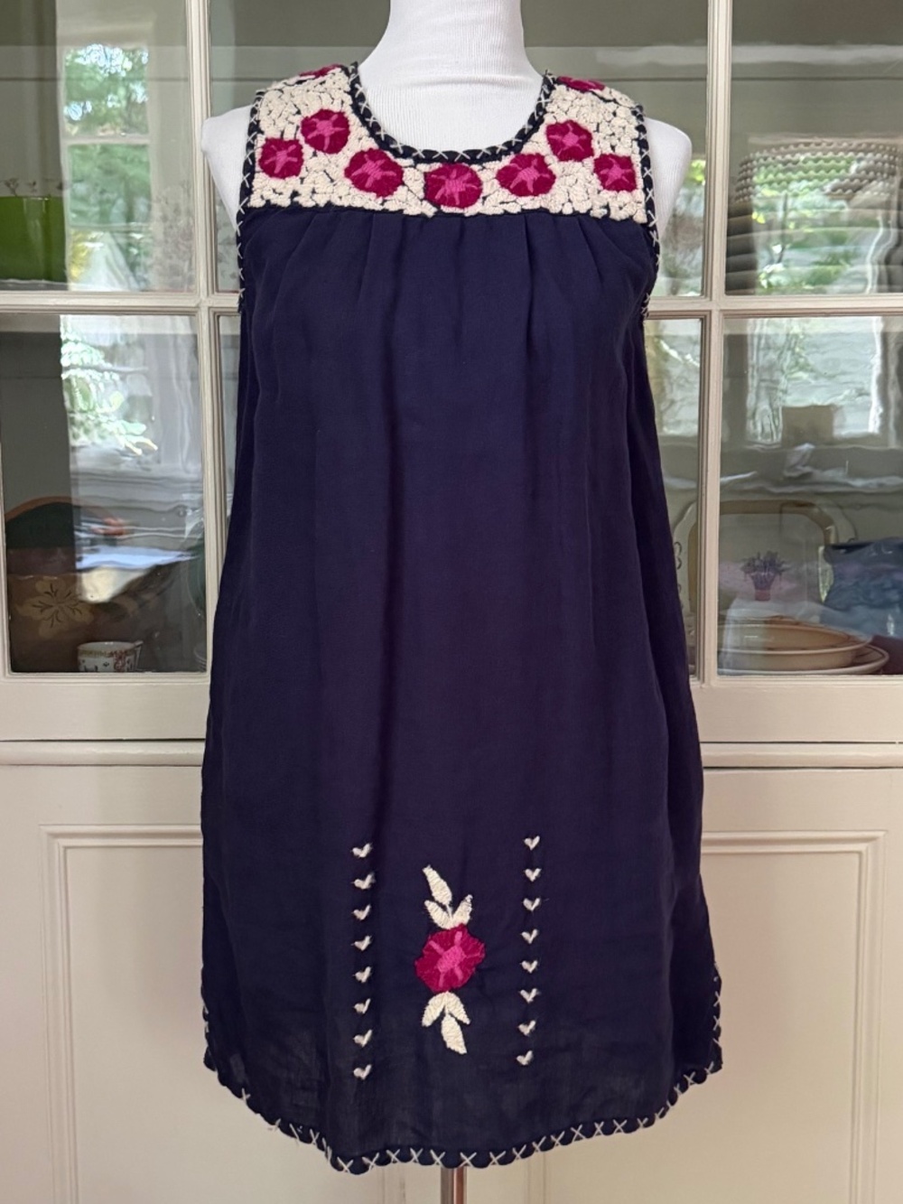 Calypso St. Barth Blue Linen Embroidered Floral Dress, Medium, Pockets!